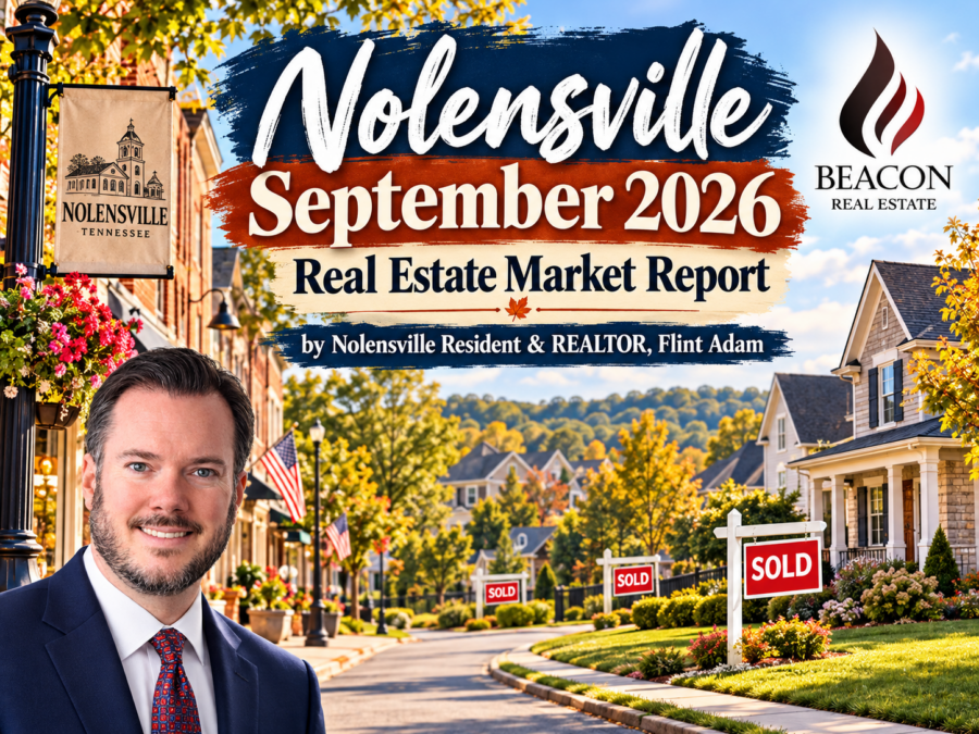 Nolensville September 2026 Real Estate Market Report by REALTOR® Flint Adam of Beacon Real Estate, featuring fall homes, SOLD signs, and a Nolensville-inspired streetscape.